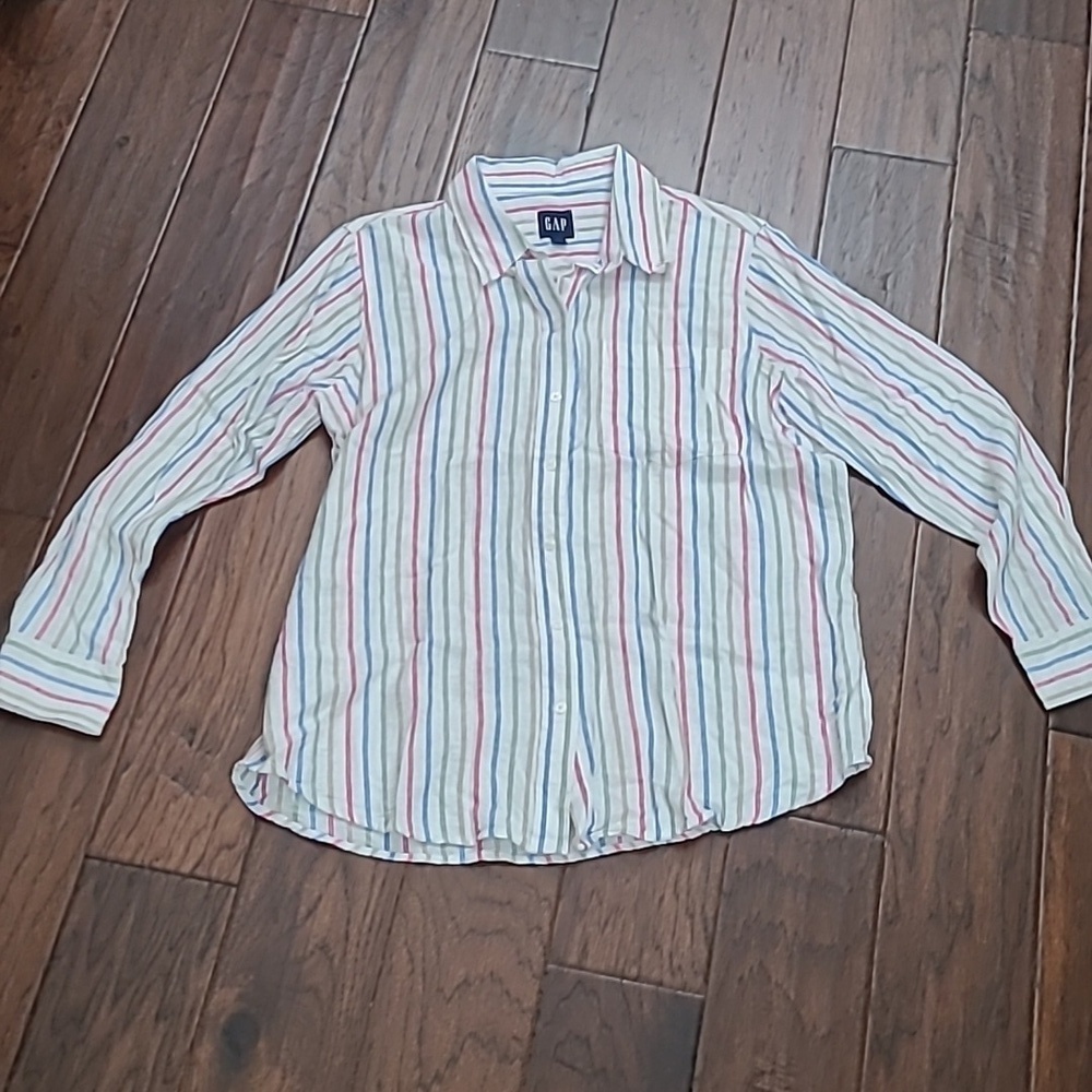 GAP White Linen Blend Button-up Top with Colorful Vertical Stripes size Large